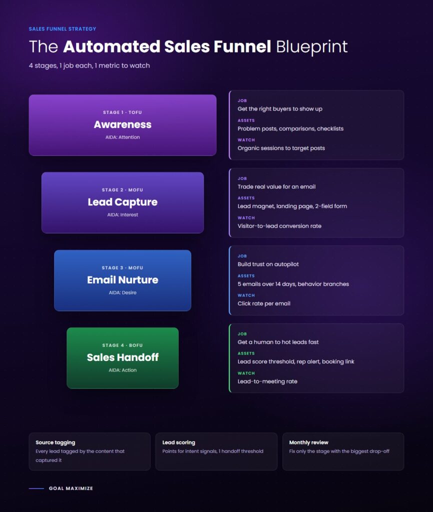 Sales funnel strategy infographic mapping 4 sales funnel stages (TOFU awareness, lead capture, email nurture, BOFU sales handoff) with the job, assets and metric for each